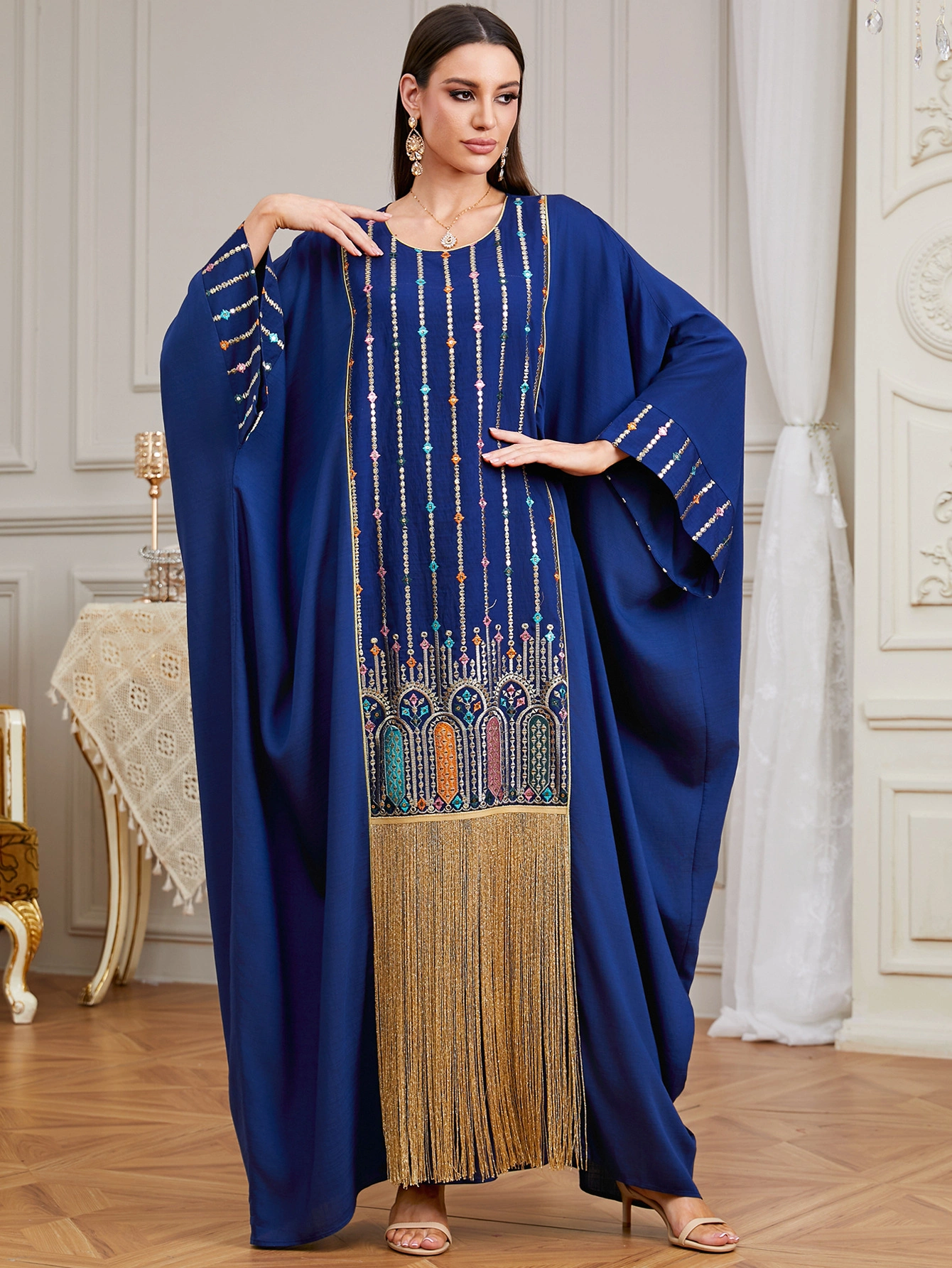 4534 Tassel Embroidered Batwing Kaftan Dress - Navy Dubai Modest Maxi | Wholesale Private Label