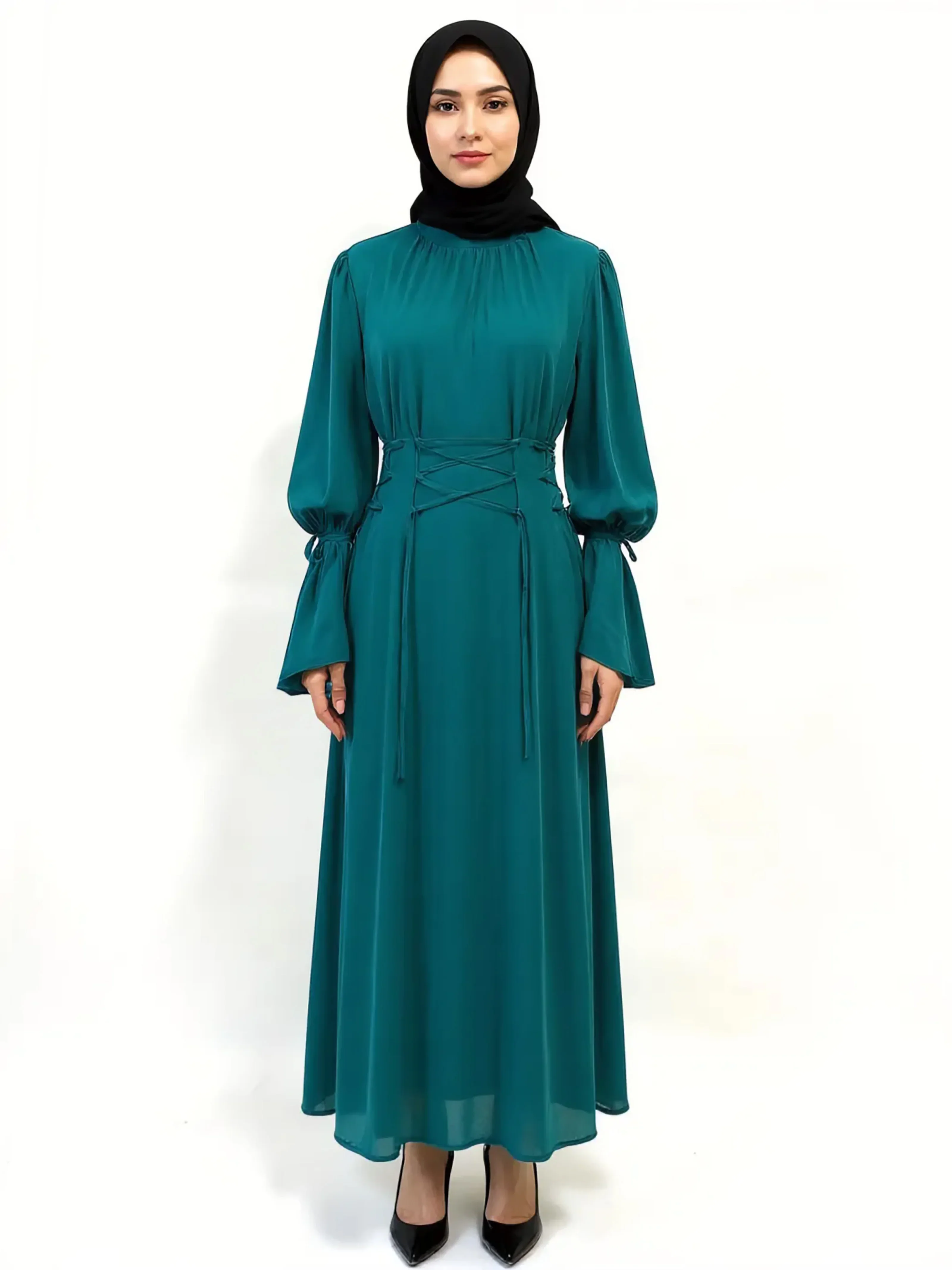 Lace-Up Lantern Sleeve Chiffon Abaya Dress – Teal | Wholesale Modest Fashion