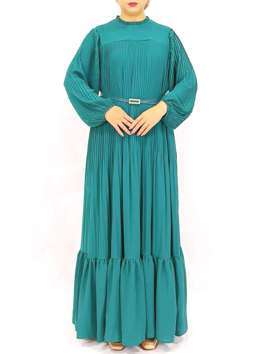 Plain Green Pleated Abaya Dress