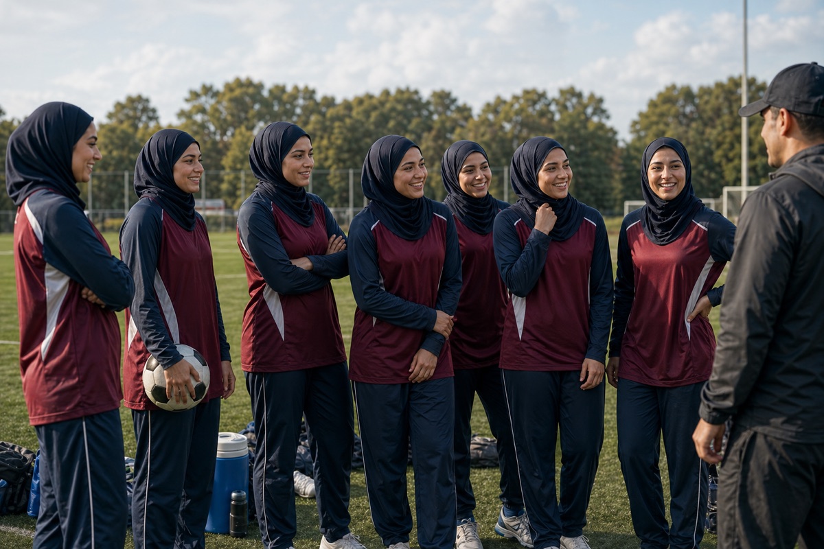 Community sports team wearing coordinated modest teamwear