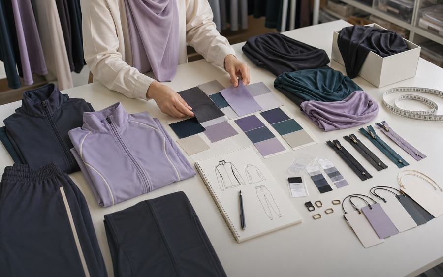 Private label modest activewear samples with sports hijabs and fabric swatches